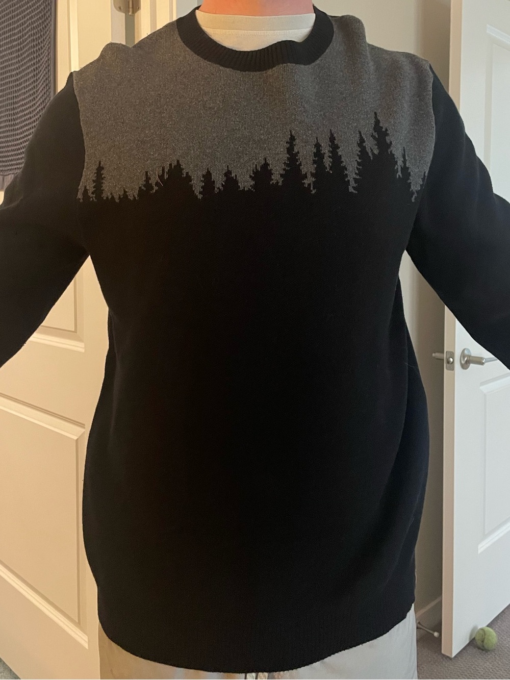 Tentree Men's Highline Juniper Sweater. Black and Gray Forest-Print